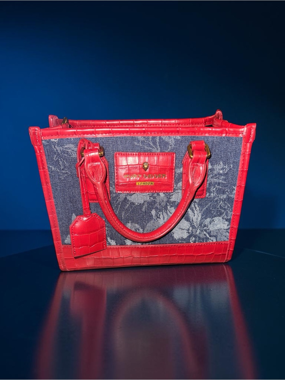 Kurt Geiger London Small Chiswick Croc-Embossed Trim Denim Tote